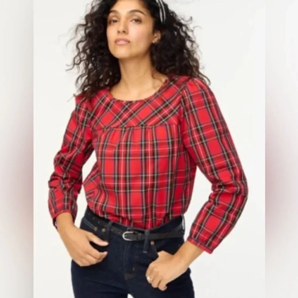 J. Crew Red Tartan Plaid Cotton Smocked Top S